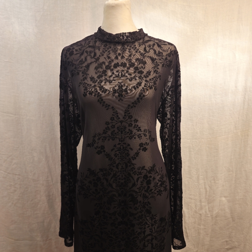 Y2K Vintage Sz X Large Black Dark Fairy Maxi Mesh Long Sleeve Mock Neck Dress - Picture 2 of 7